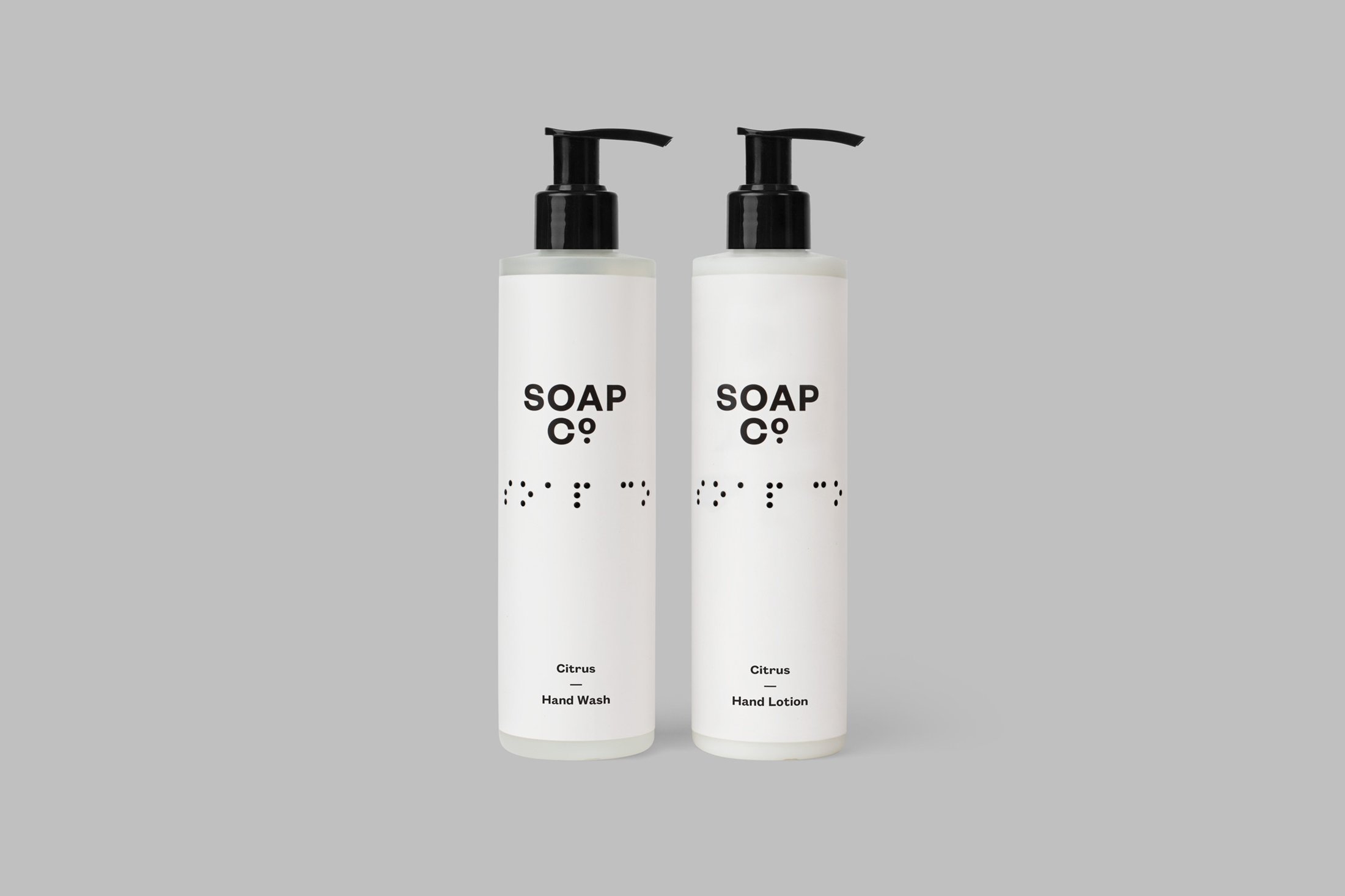 The Soap Co. produce luxury soaps, hand washes and hand lotions.
They employ people who are blind. The logotype is repeated in a tactile braille graphic to reference this.